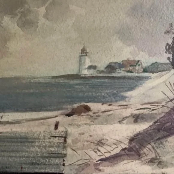 Vintage Original Beach Lighthouse Watercolor Painting - Ralph Lauren Coastal - Picture 5 of 6